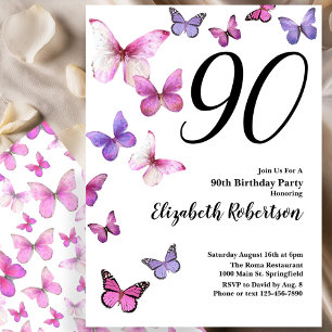 90:e födelsedagsinbjudan för fjäril i Rosa/Lila Inbjudningar