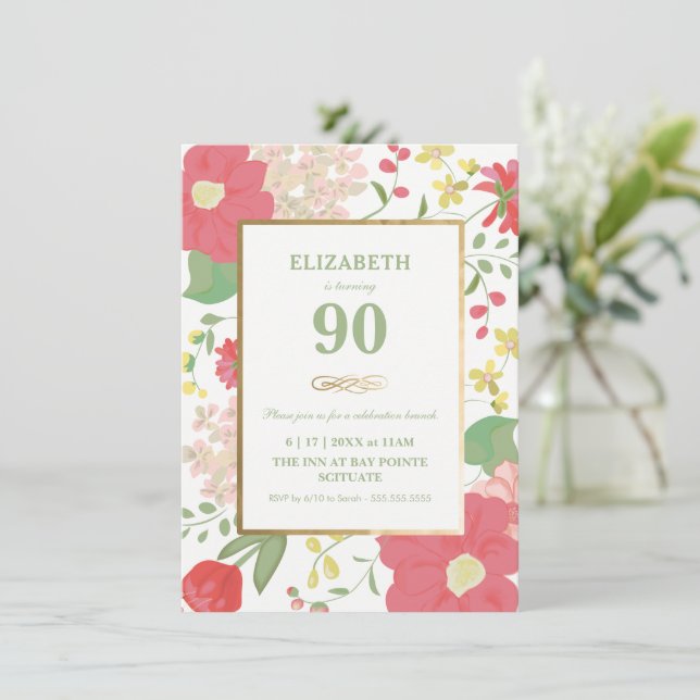 90:e födelsedagsinbjudan - Guld, Elegant Blommigt Inbjudningar (Stående Fram)