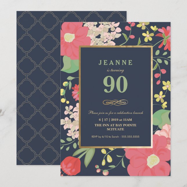 90:e födelsedagsinbjudan - Guld, Elegant Blommigt Inbjudningar (Fram/baksida)