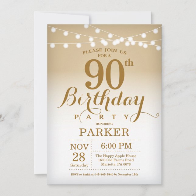 90:e födelsedagsinbjudan Guld String Ljus Inbjudningar (Framsida)