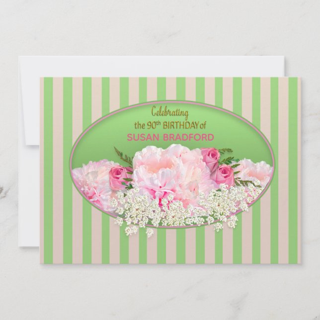 90:e födelsedagsinbjudan, honina med blommor inbjudningar (Framsida)