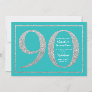 90:e födelsedagsinbjudan Teal och Silver Glitter Inbjudningar