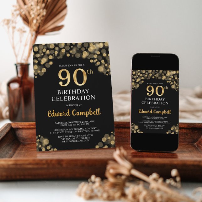 90:e födelsedagsinbjudan till elegant Black & Guld Inbjudningar (Skapare uppladdad)