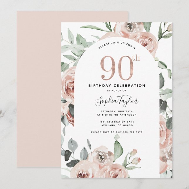 90:e födelsedagsinbjudan till ro Guld Rosa  Inbjudningar (Fram/baksida)