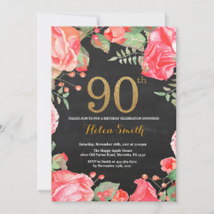 90:e födelsedagsinbjudan till Röda Blommigten Guld Inbjudningar