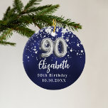 90:e födelsedagskalenliga blå silver-stjärnor julgransprydnad keramik<br><div class="desc">En marin blå bakgrund färg med faux silver-stjärnor. Den blå färg är ojämn. Lägg till namn,  text/datum</div>