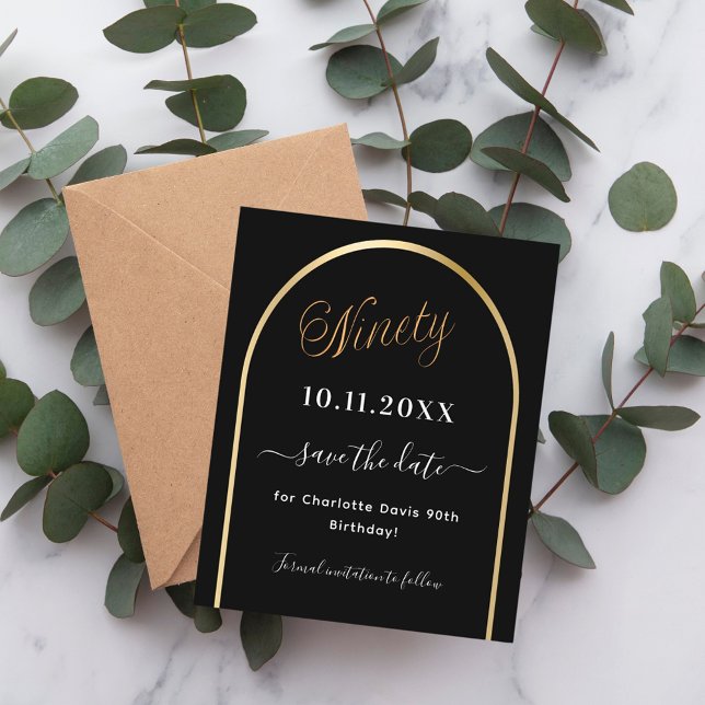 90:e födelsedagskort svart guld-båge spara datumko (Skapare uppladdad)