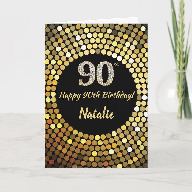90:e födelsedagskortet lycklig, svart och Guld Gli Kort (Framsida)