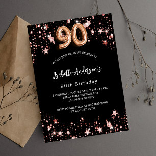 90:e födelsedagsljud, svart ro guld-stjärnor, lyx inbjudningar