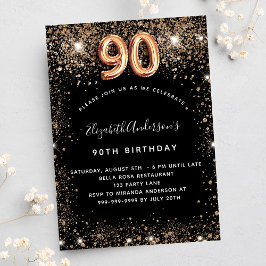 90:e födelsedagsljux för svart guld glitter-gnisto inbjudningar