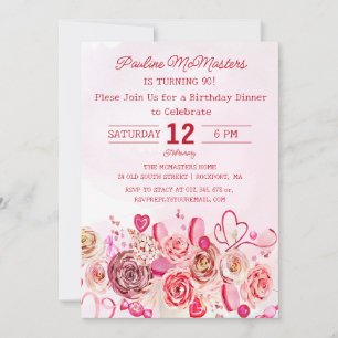 90:e födelsedagsmat i rosa ros Swirly Heart Inbjudningar