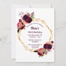 90:e födelsedagsplockning, blommigtar guld inbjudningar