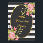 90:e födelsedagspresent Blommigt Svarta vita Rand  Inbjudningar<br><div class="desc">Vinnar inbjudningskort för anpassningsbar av romantisk blommigt i 90:e födelsedagsfest. Ett vackert, modernt inbjudan med contemporary svart och vit rand, blommor med söt rosa och elegant i ett kursivt teckensnitt med finare. Klassi, söt, chic, feminin, gigantiskt, ornat, inbjudningskort på dubblans sida. All text är helt och hållet anpassade/anpassbar till kostym...</div>