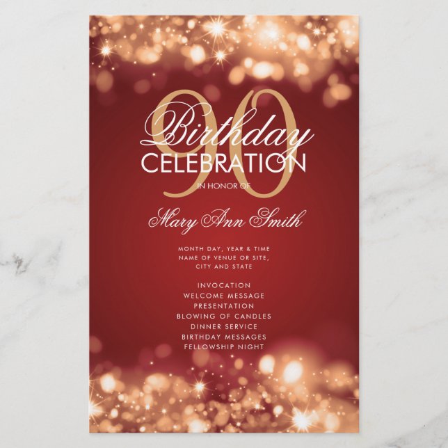 90:e födelsedagsprogrammet Ljus Guld Red Menu Flygblad (Framsidan)