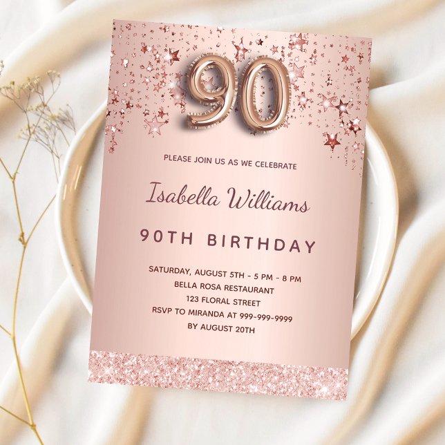 90:e födelsedagsstjärnor för ro guld rosa inbjudningar (Skapare uppladdad)