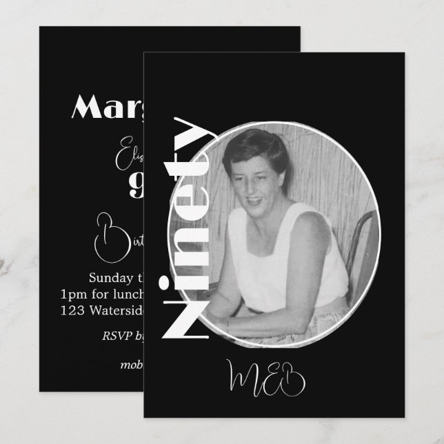 90:e fotoinbjudan till Elegant på födelsedagen Inbjudningar (Fram/baksida)