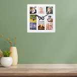 90:e fotokollage fyrkantig klocka<br><div class="desc">En väggklocka som en gåva till en 90:e födelsedag för en kille som firar sitt liv med en kollage av åtta egna foton. Mallar för namn,  90 år och ett datum. Födelsedatum eller födelsedatum. Svart färgad brev. Vit bakgrund.</div>