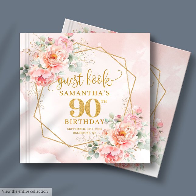 90:e gäst på ljusa rosa guld i bok (Watercolor light pink gold peonies 90th guest book

)