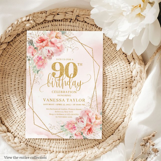 90:e inbjudan för pastel Rosa Guld Blommigt  (Watercolor Pastel Pink Gold Floral 90th Invitation)