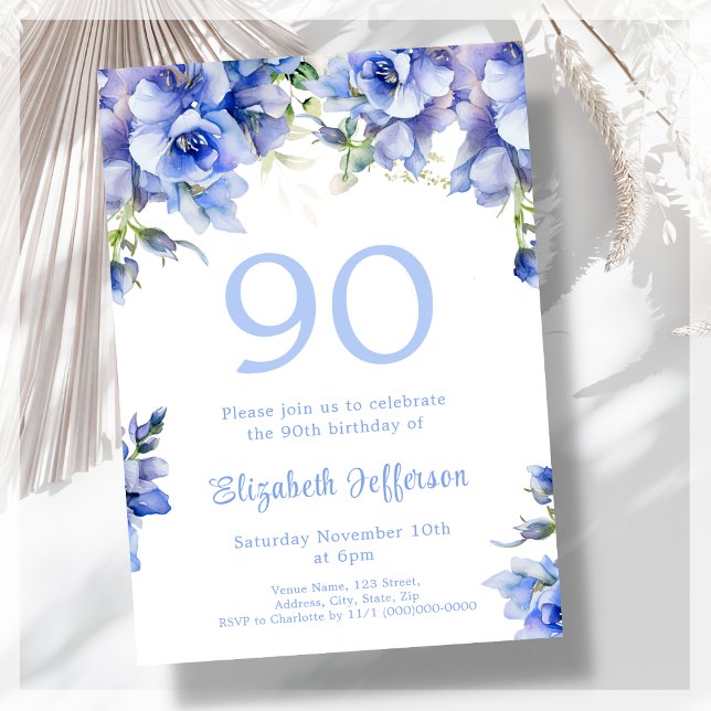 90:e inbjudan till elegant Blue Blommigt Birthday  (Skapare uppladdad)