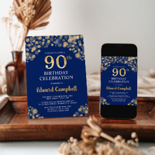 90:e inbjudan till elegant Navy Blue & Guld på föd