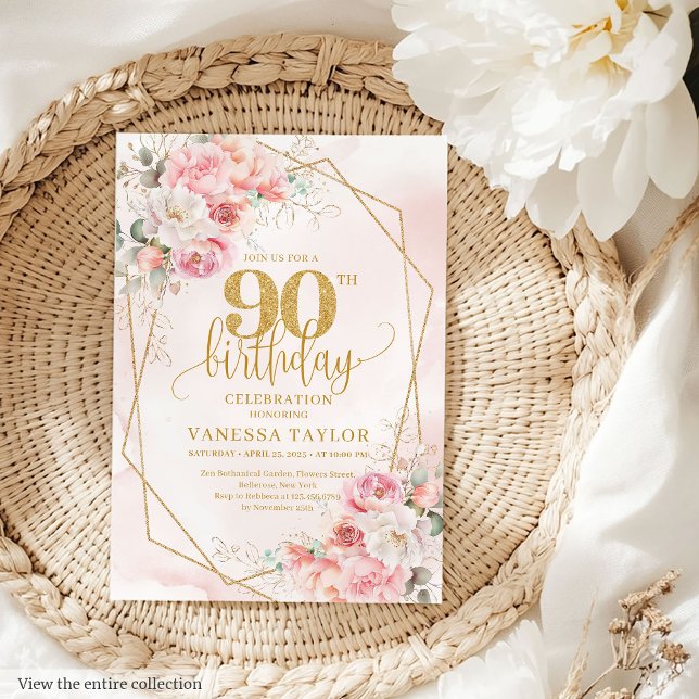 90:e inbjudan till elegant Powder Rosa Guld Flower (Elegant Powder Pink Gold Flowers 90th Invitation)