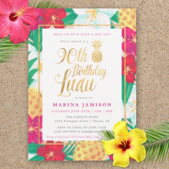 90:e inbjudan till Luau-partiet i guld (90th Birthday Luau Invitation )