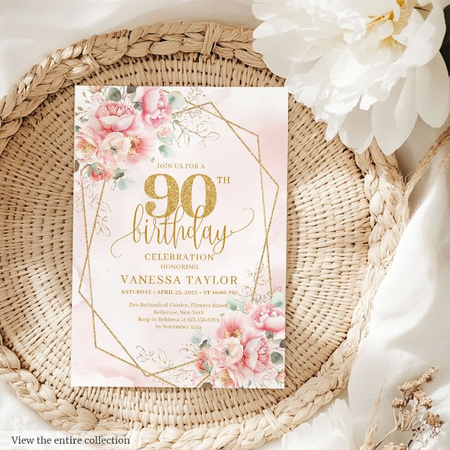 90:e inbjudan till Romantic Pastel Rosa Guld Peoni (Romantic Pastel Pink Gold Peonies 90th Invitation)
