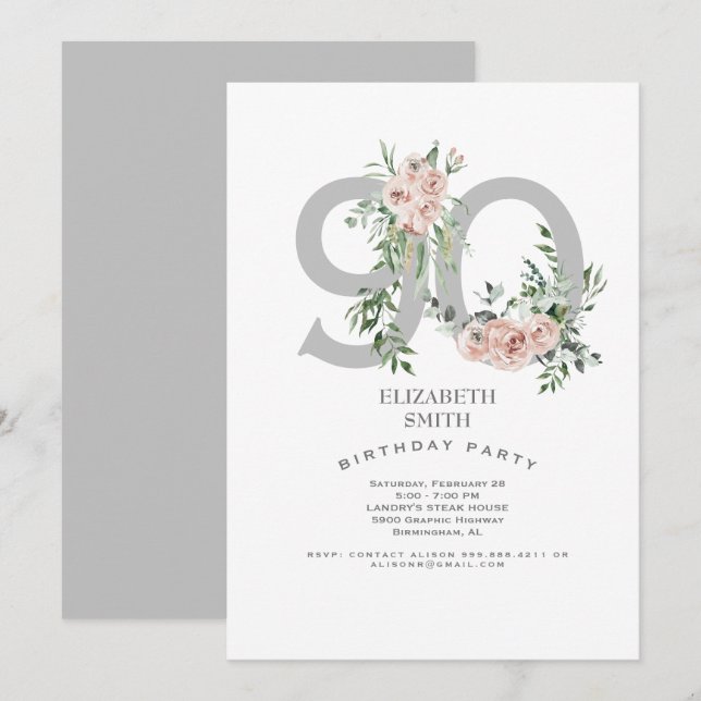 90:e inbjudan till Rosa ros i silver & White Elega (Fram/baksida)