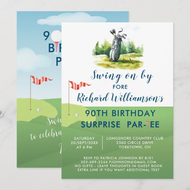 90:e Manar för överraskande Födelsedagsfest  Golf  Inbjudningar (Fram/baksida)