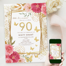 90:e milstolpe Modern Rosa Cheers till nittio år Inbjudningar