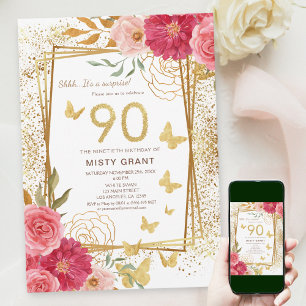 90:e milstolpe Modern Rosa Cheers till nittio år Inbjudningar