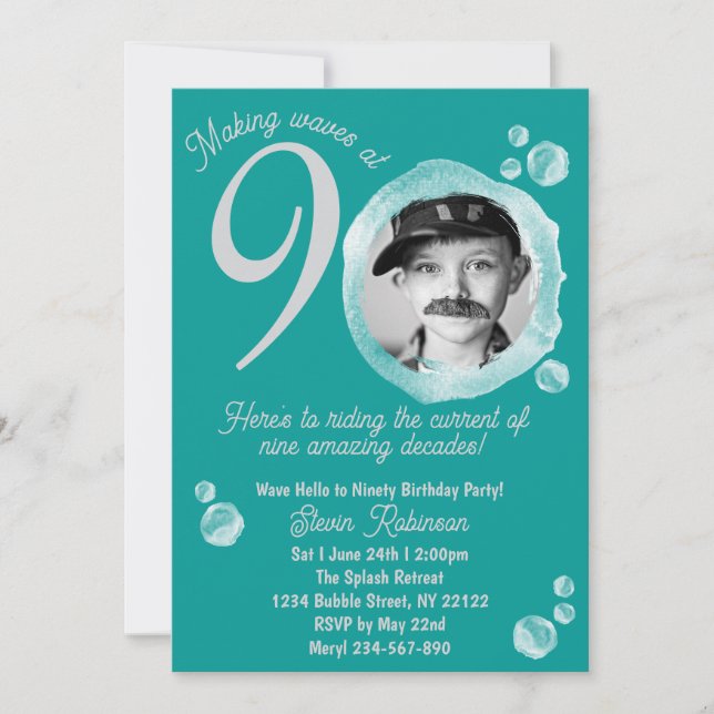 90:e Oceanen Teal Bubble Födelsedagsfest inbjudan (Framsida)