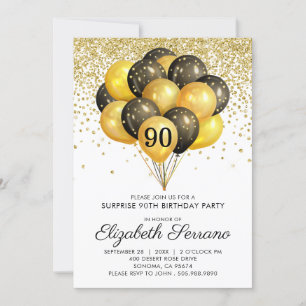 90:e överraskande Födelsedagsfest Black Guld Glitt Inbjudningar
