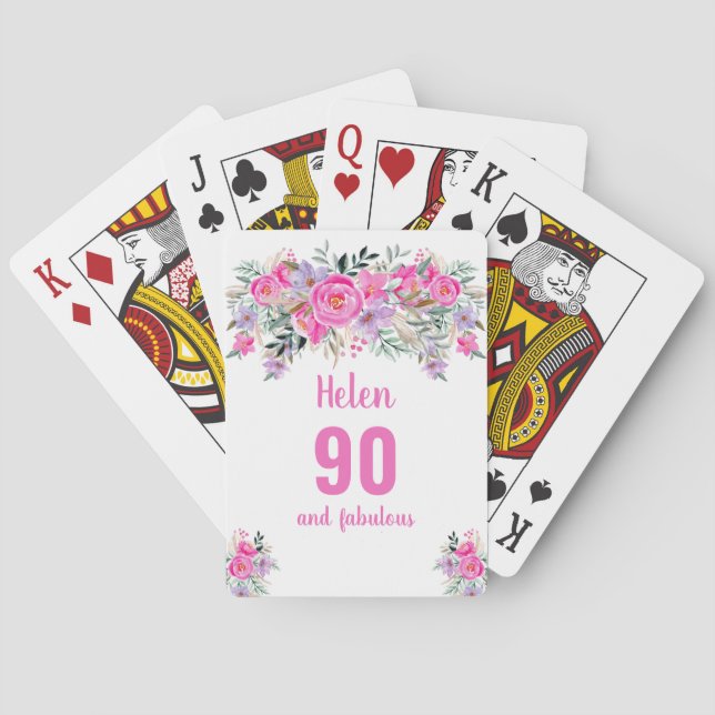 90:e rosa blommigt för födelsedagsspel casinokort (Baksidan)
