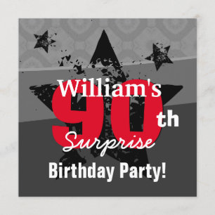 90:e Surprise Birthday Charcol och Red Grunge C90 Inbjudningar