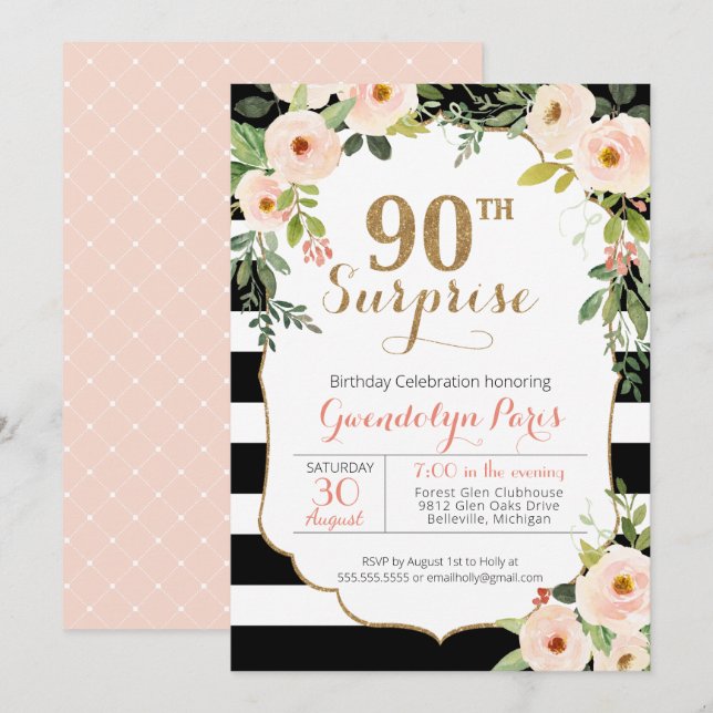 90:e Surprise Black White Rand Blommigt Birthday Inbjudningar (Fram/baksida)