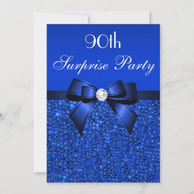 90:e Surprise Party Royal Blue Sequins and Bow Inbjudningar (Framsida)