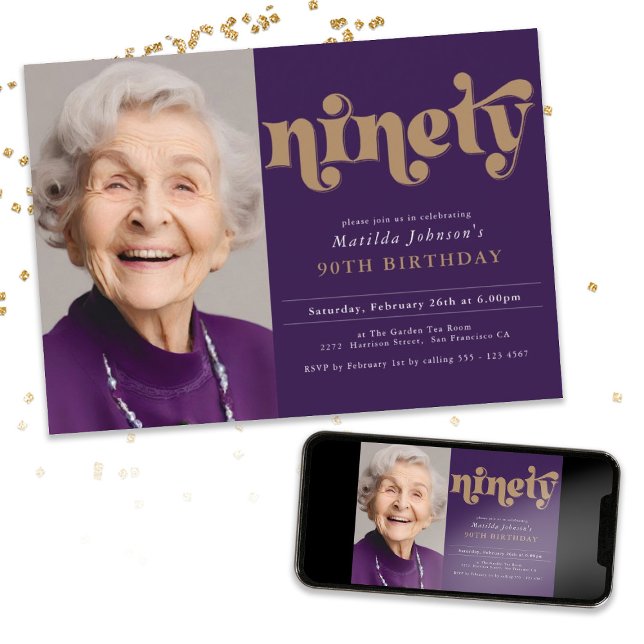 90 Eleganter 90:e Födelsedagsfest Inbjudningar (Ninety Elegant 90th Birthday Party Invitation)