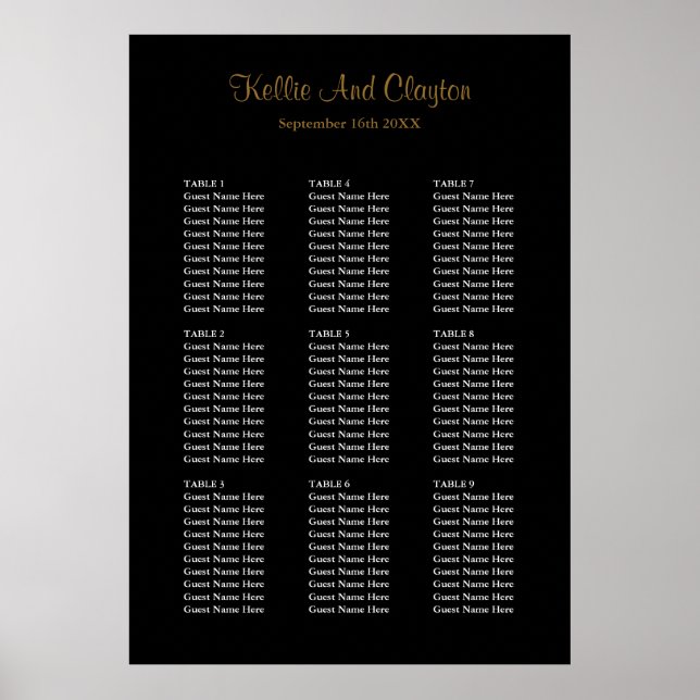 90 enkelt sätesdiagram för svart Bröllop Poster (Framsidan)