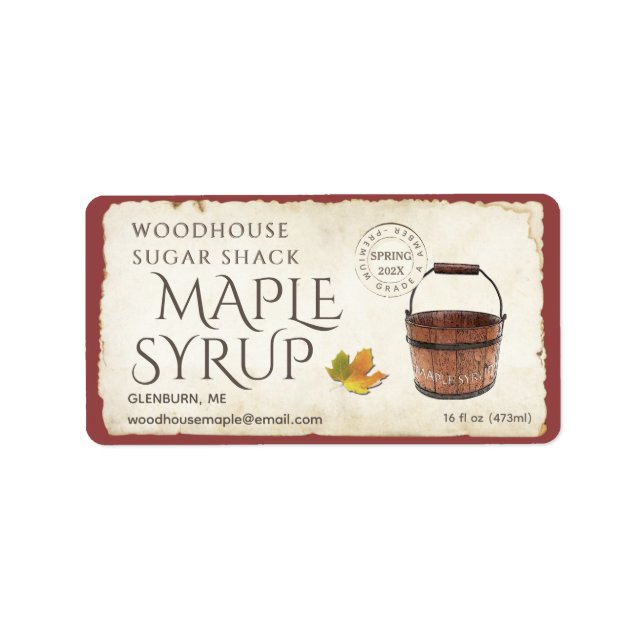 90 etiketter Maple Syrup Sap Bucket Löv Postmark Adressetikett (Framsidan)
