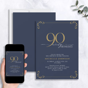 90 & Fabulous Blue & Guld Calligraphy Birthday Inbjudningar