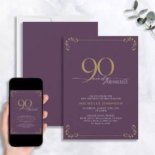 90 & Fabulous Lila & Guld Calligraphy Birthday Inbjudningar