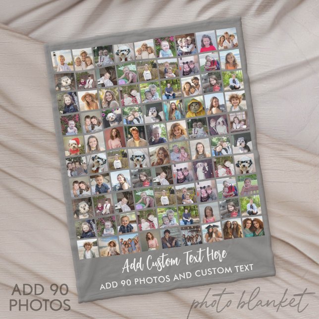 90 Fotocollage rutnät med text - grå Fleecefilt (Custom Fleece Blanket with Photo Collage)