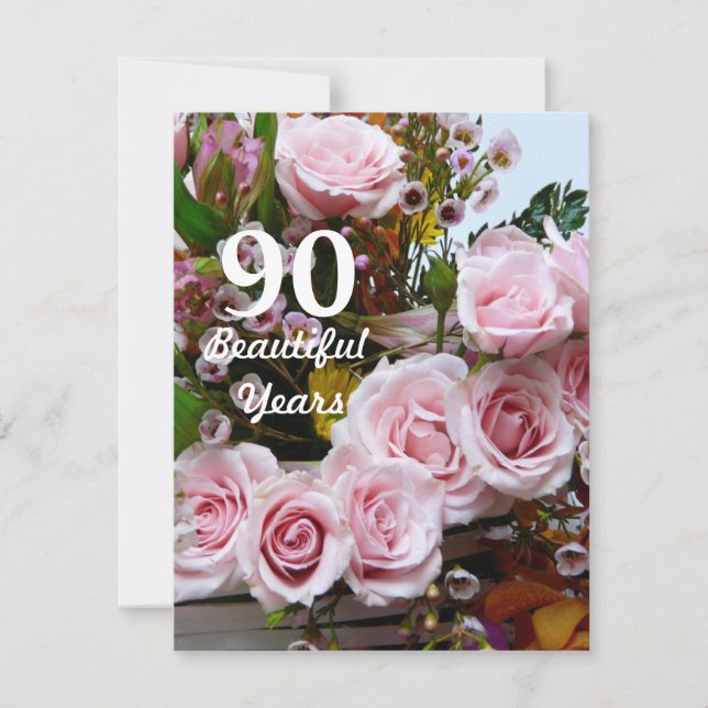 90 härliga år! - Födelsedagsfest/rosa ros Inbjudningar (Framsida)