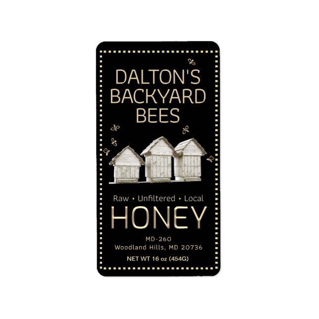 90 Labels Backyard Hive honey Little Bees on Black Adressetikett (Framsidan)