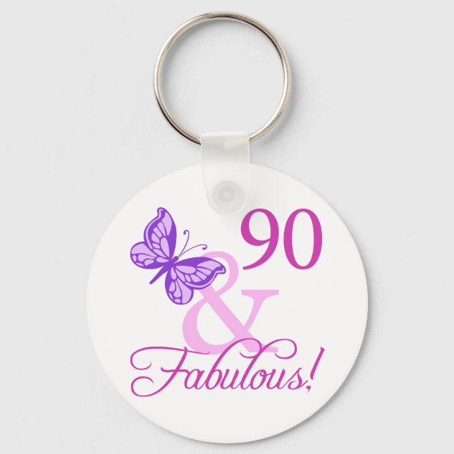 90 och blomstergåvor (plommon) nyckelring (Framsida)