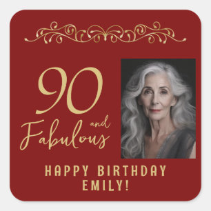 90 och Fabulous Guld Ornament 90:e Birthday Photo Fyrkantigt Klistermärke