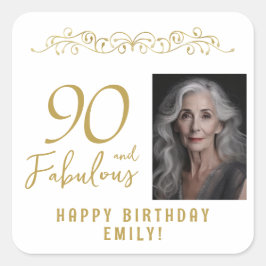 90 och Fabulous Guld Ornament 90:e Birthday Photo Fyrkantigt Klistermärke