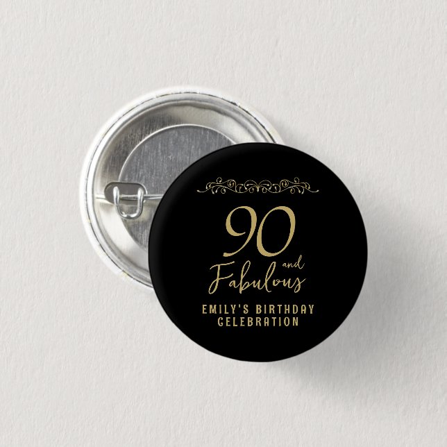 90 och Fabulous Guld Ornament 90:e Birthday Photo Knapp (Framsida & baksida)